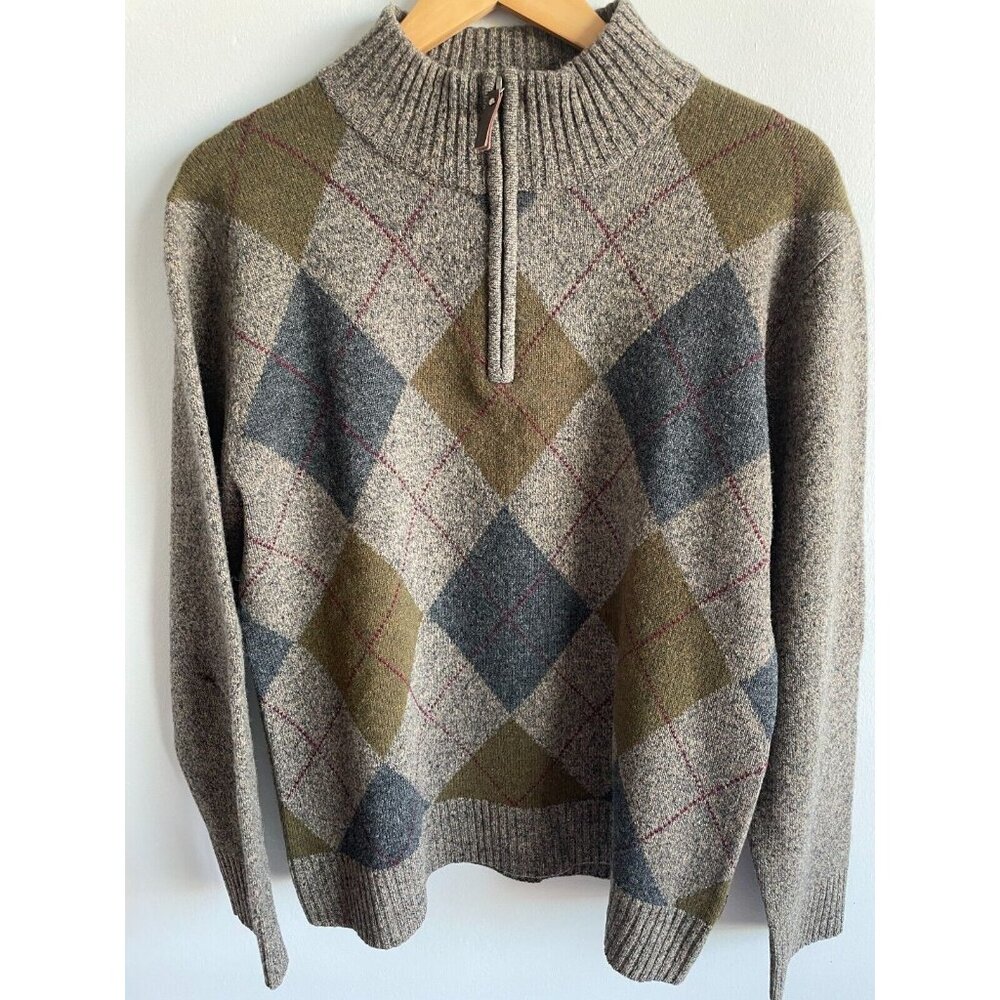 Fisherman Out Of Ireland Men's lambswool Argyle Sweater Size M gray blue 1/4 zip